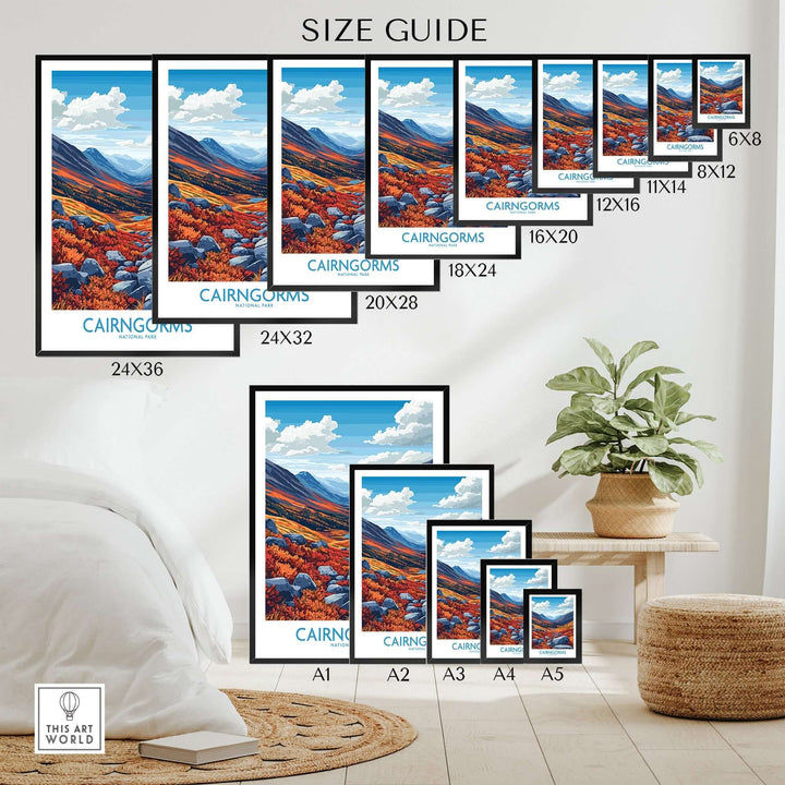 Size guide for Cairngorms art prints displayed in various dimensions on a stylish interior wall.