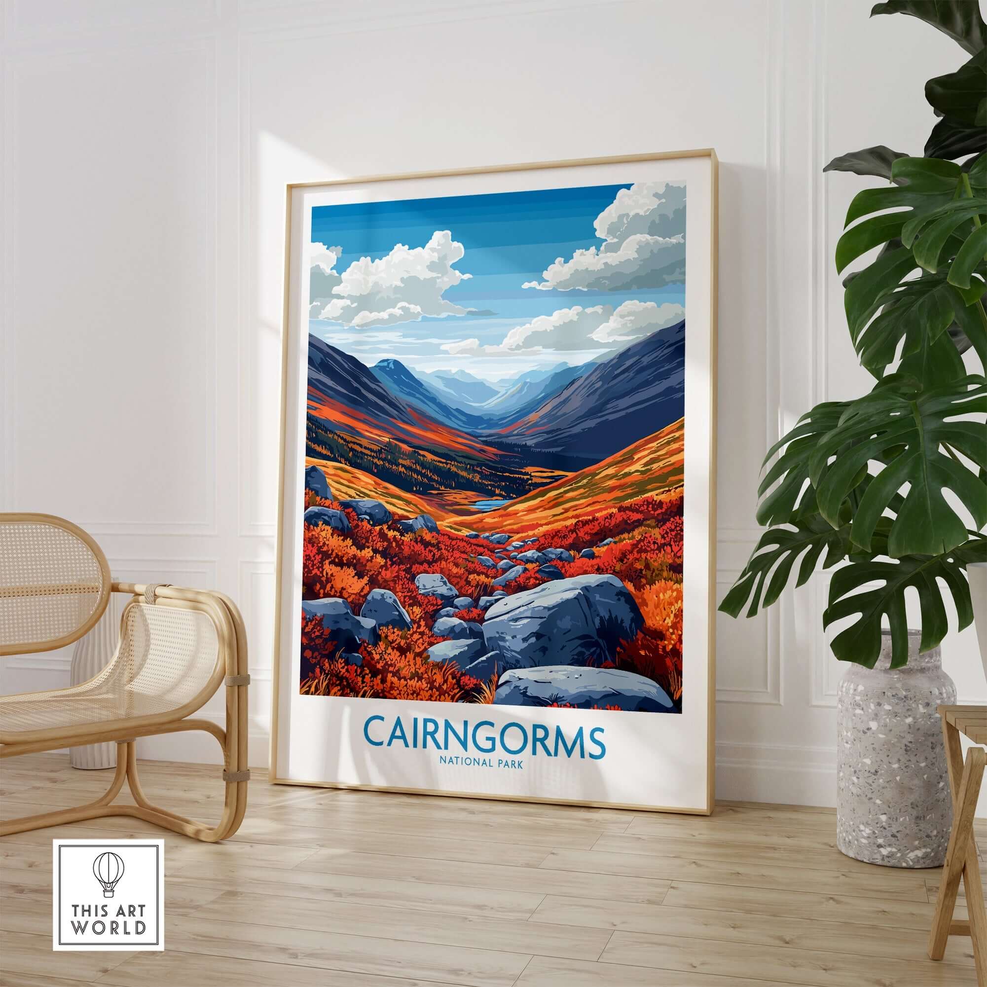 Cairngorms Art Print showcasing vibrant landscape of Cairngorms National Park with detailed mountains and colorful foliage.