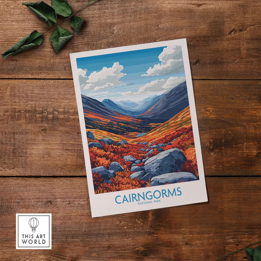 Cairngorms Art Print featuring vibrant landscapes of Cairngorms National Park, highlighting rolling hills and rocky terrain.