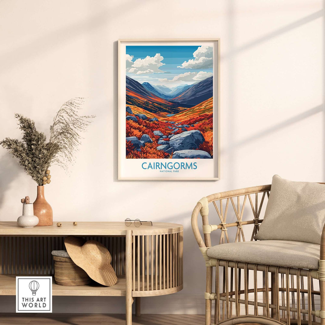 Cairngorms art print displayed in a modern living room with natural light and cozy furniture.