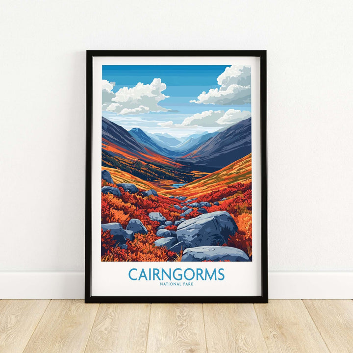 Cairngorms art print featuring a vibrant landscape of mountains and autumn foliage in a stylish frame.