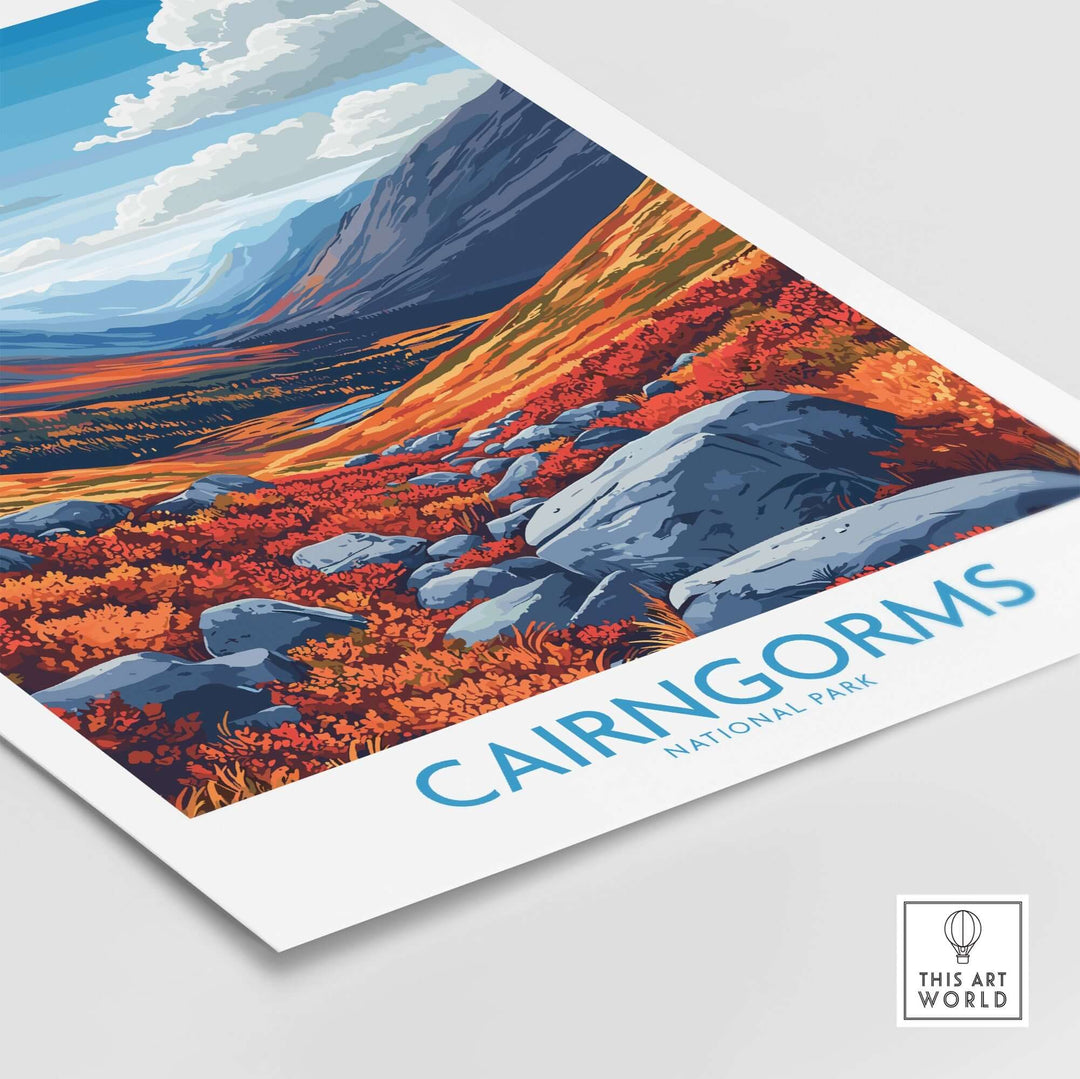 Cairngorms Art Print featuring vibrant landscape with rocky foreground and autumn foliage, showcasing Cairngorms National Park.