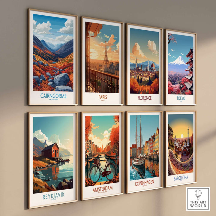 Collection of vibrant travel art prints including Cairngorms, Paris, Florence, Tokyo, and more, displayed on a wall.