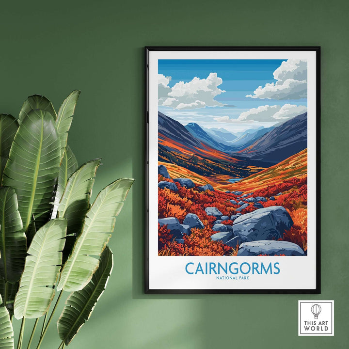 Cairngorms national park art print showcasing vibrant mountains and a colorful landscape in a stylish frame.