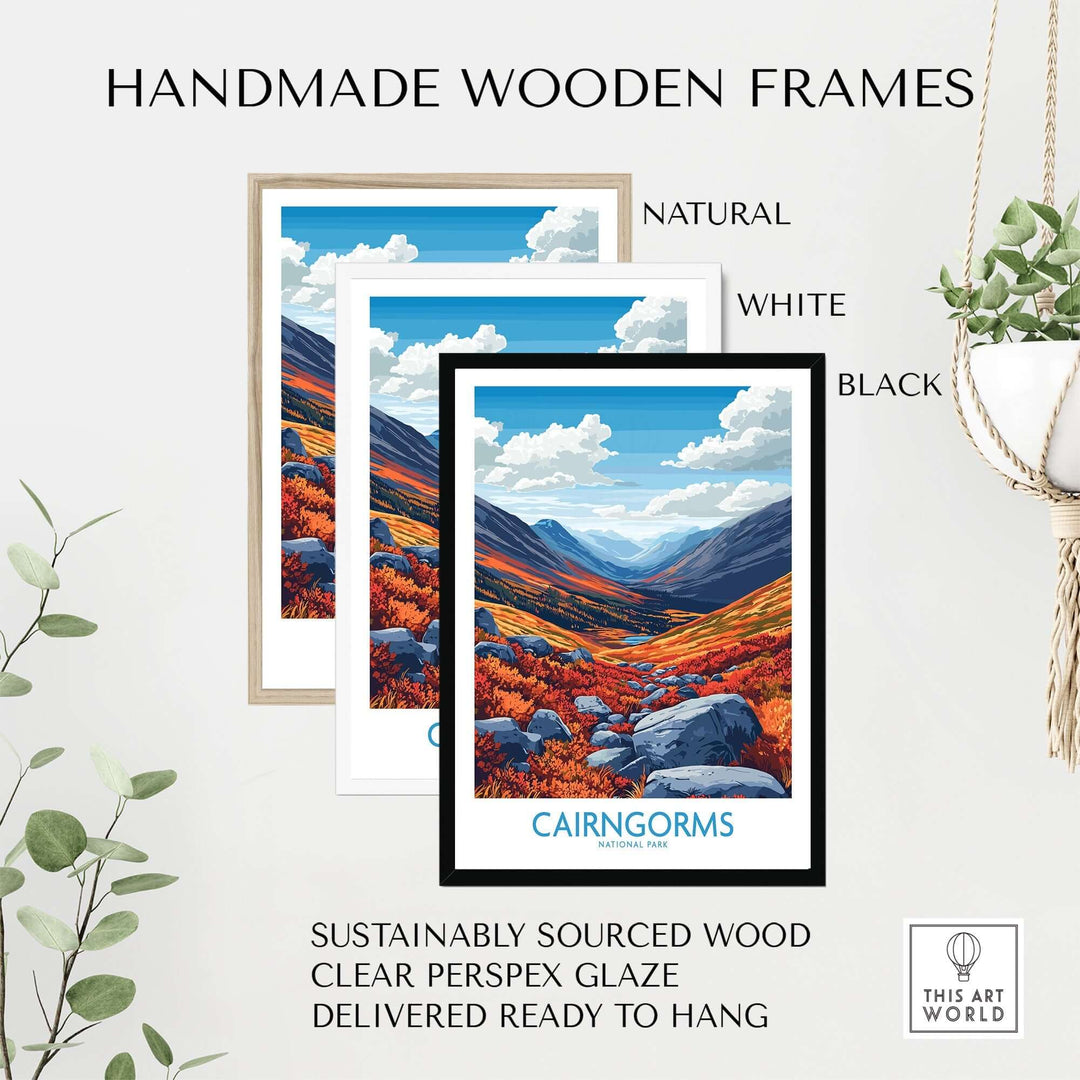 Cairngorms art print displayed in handmade wooden frames, available in natural, white, and black finishes. Sustainable and ready to hang.