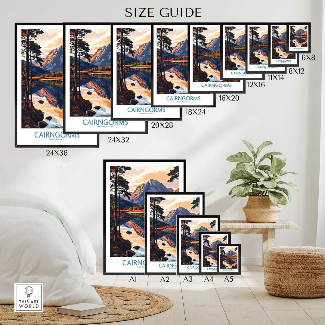 Cairngorms National Park poster size guide with various frame dimensions displayed in a cozy interior setting.