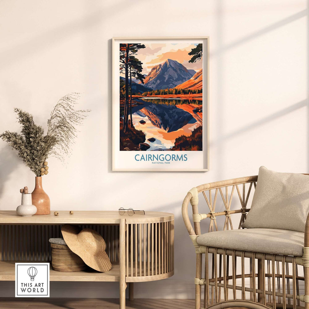 Cairngorms National Park poster hanging in a modern living room, showcasing vibrant landscapes and nature. Gift idea for enthusiasts.