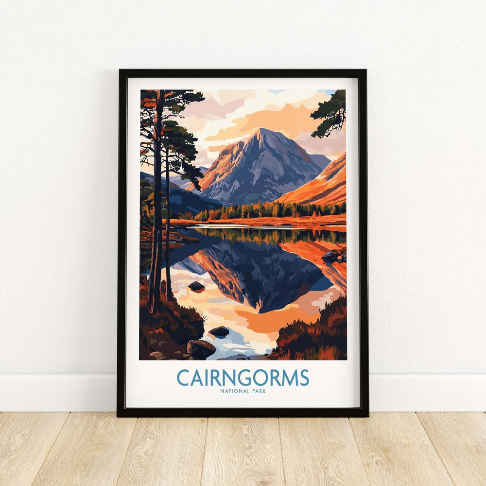 Cairngorms National Park poster showcasing vibrant landscapes and mountain reflections, ideal gift idea for nature lovers.