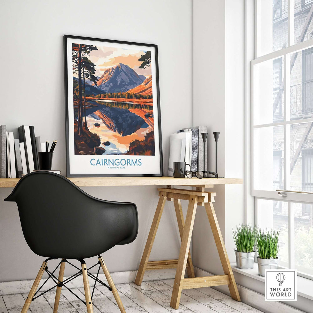 Cairngorms National Park poster displayed in a stylish home office setting, showcasing vibrant landscapes and serene reflections.