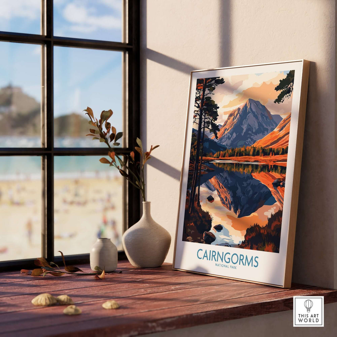 Cairngorms National Park poster displayed in a sunlit room, showcasing vibrant landscapes and perfect as a gift idea.