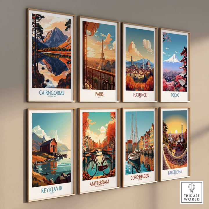 A collection of vintage-style travel posters featuring Cairngorms, Paris, Florence, Tokyo, Reykjavik, Amsterdam, Copenhagen, and Barcelona.