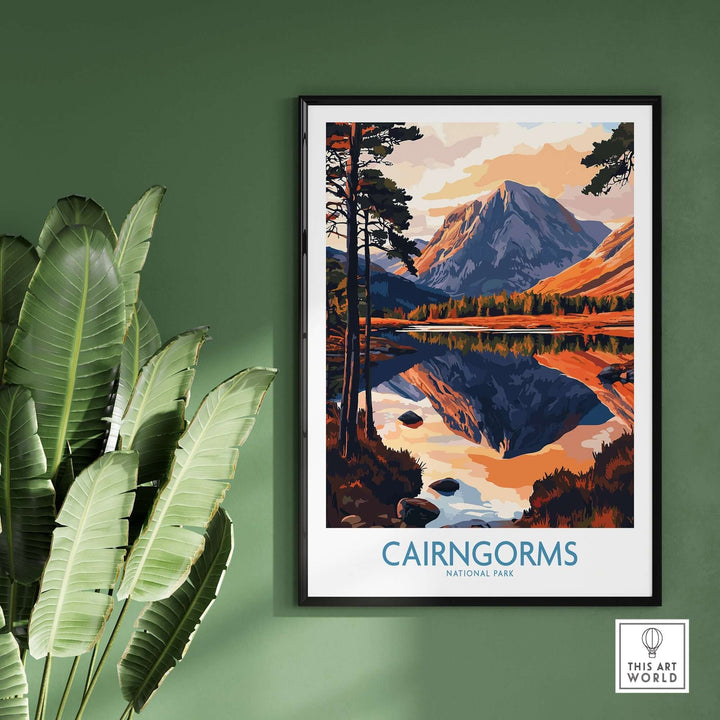 Cairngorms National Park poster featuring a scenic landscape with vibrant colors and reflections, perfect gift idea for nature lovers.