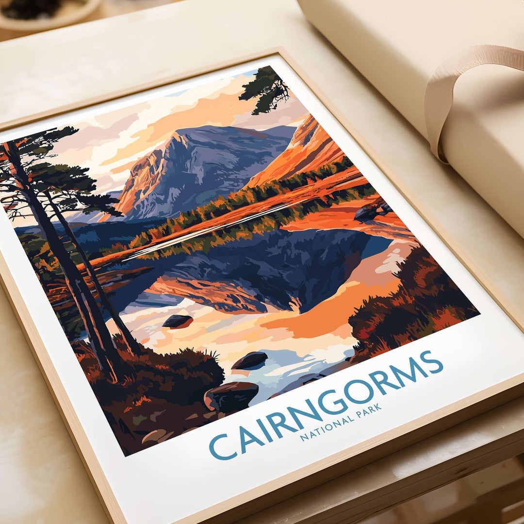 Cairngorms National Park poster showcasing vibrant landscapes and reflections, perfect gift idea for nature lovers.