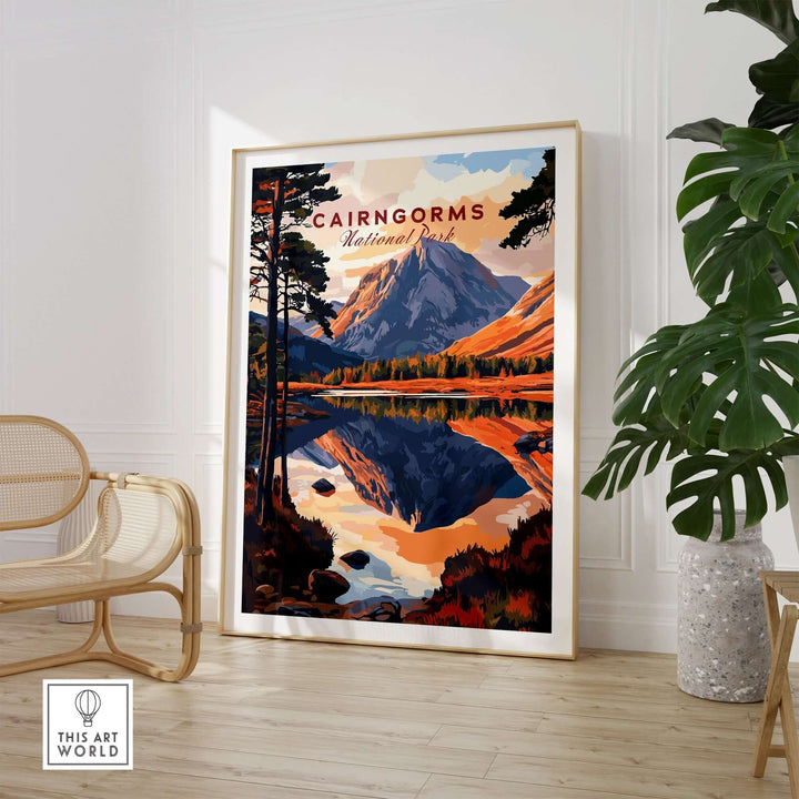 Cairngorms National Park print showcasing vibrant mountains and reflections, ideal gift idea for nature lovers.