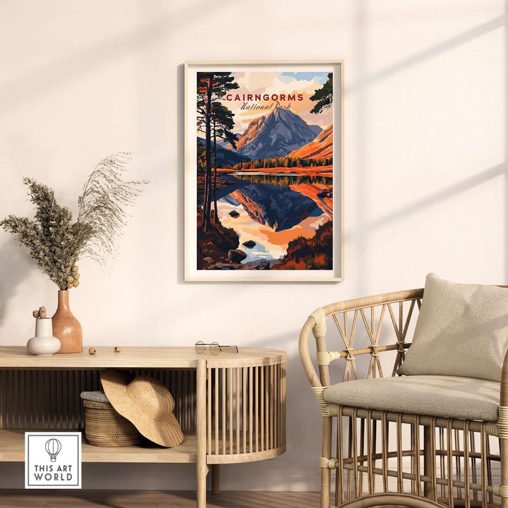 Cairngorms National Park print in a stylish living room, perfect gift idea for nature lovers and adventurers.