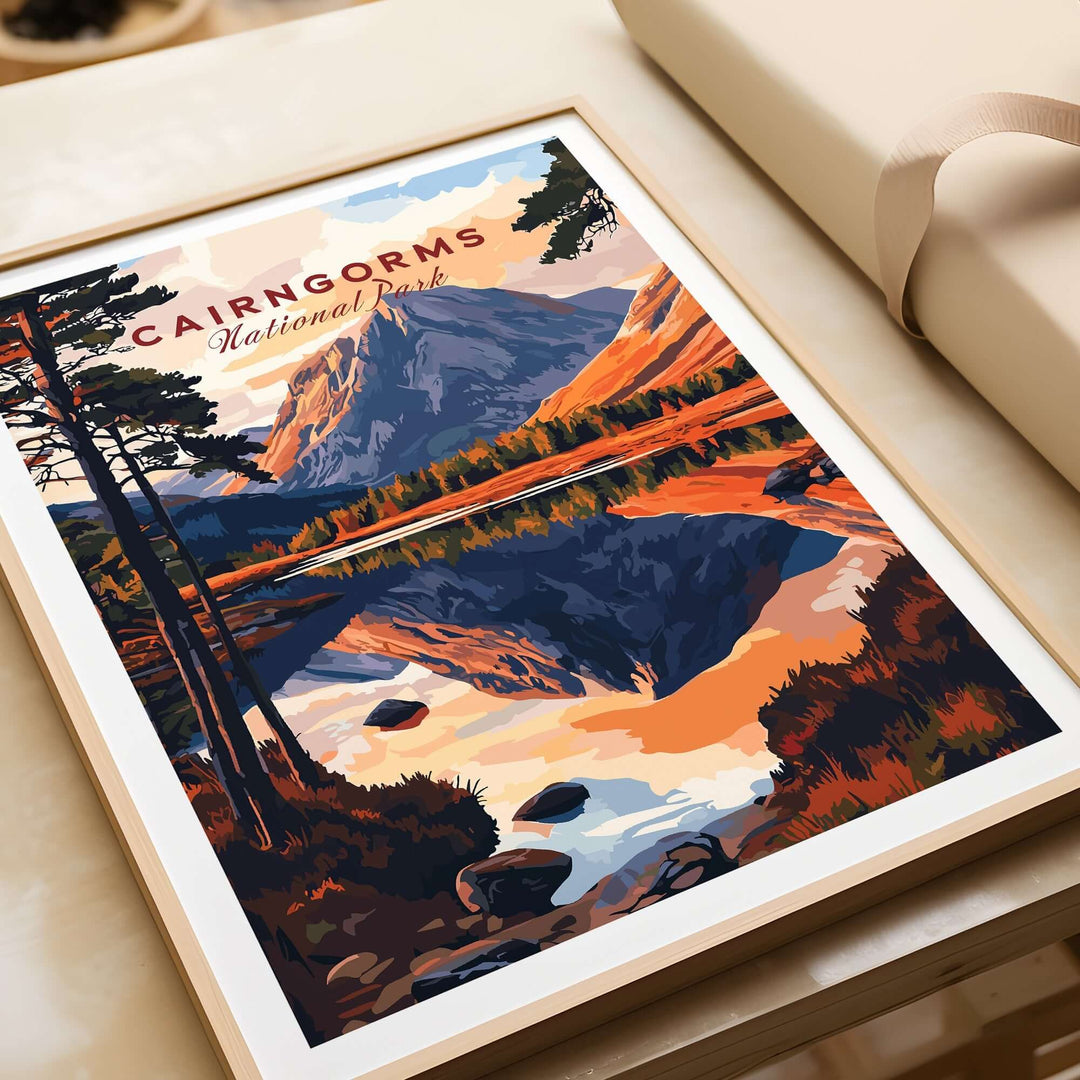 Cairngorms National Park print showcasing vibrant mountains and river reflection, ideal gift idea for nature lovers.