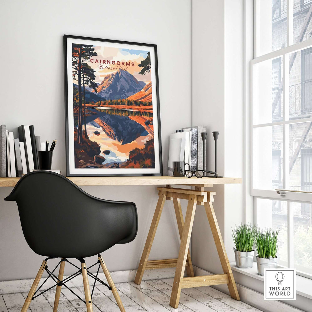 Cairngorms National Park Print displayed in a modern workspace, showcasing stunning mountain and lake scenery. Perfect gift idea.