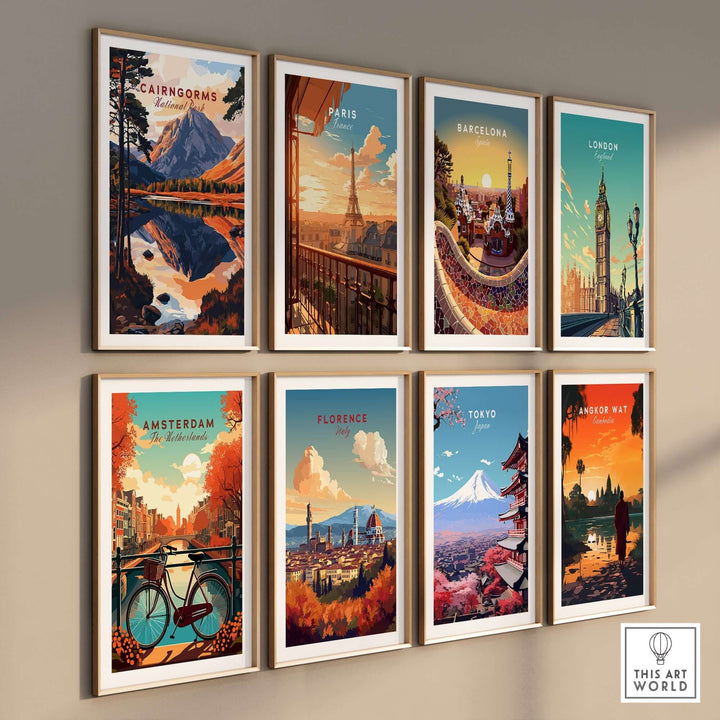 Colorful travel prints of Cairngorms, Paris, Barcelona, London, Amsterdam, Florence, Tokyo, and Angkor Wat for home décor.