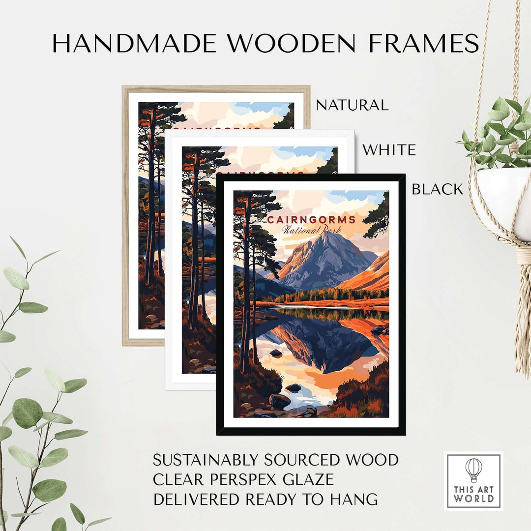 Handmade wooden frames in natural, white, and black, showcasing the Cairngorms National Park Print, ready to hang.