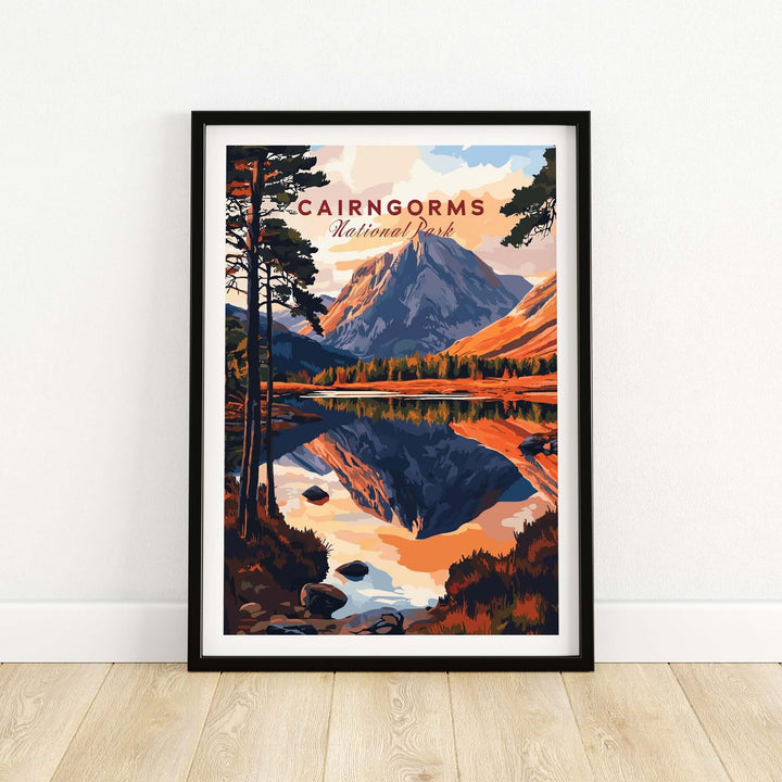 Cairngorms National Park print showcasing mountains and reflection, perfect gift idea for nature lovers.