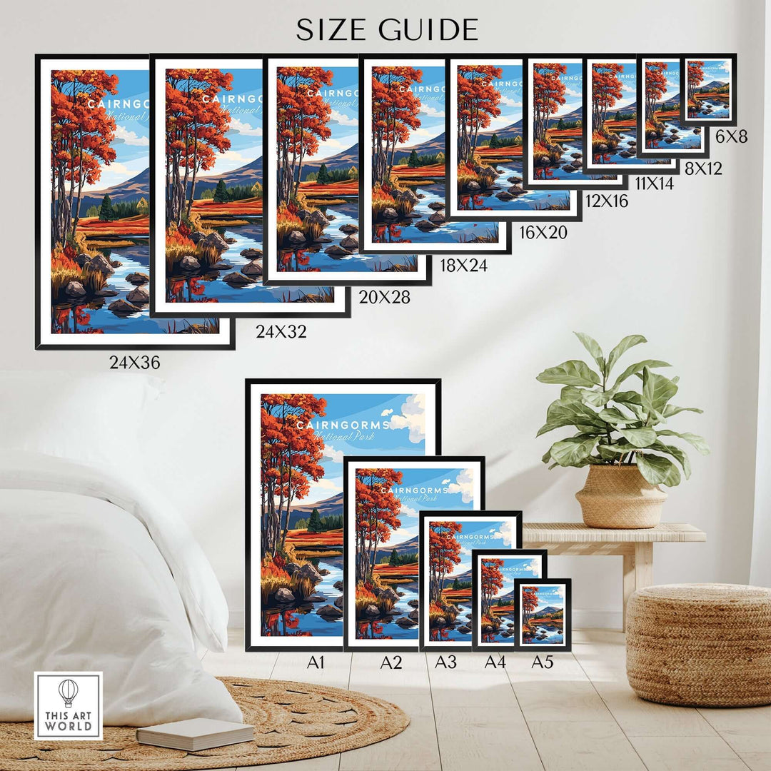 Cairngorms National Park wall art size guide showcasing various frame sizes and a stylish interior setup.