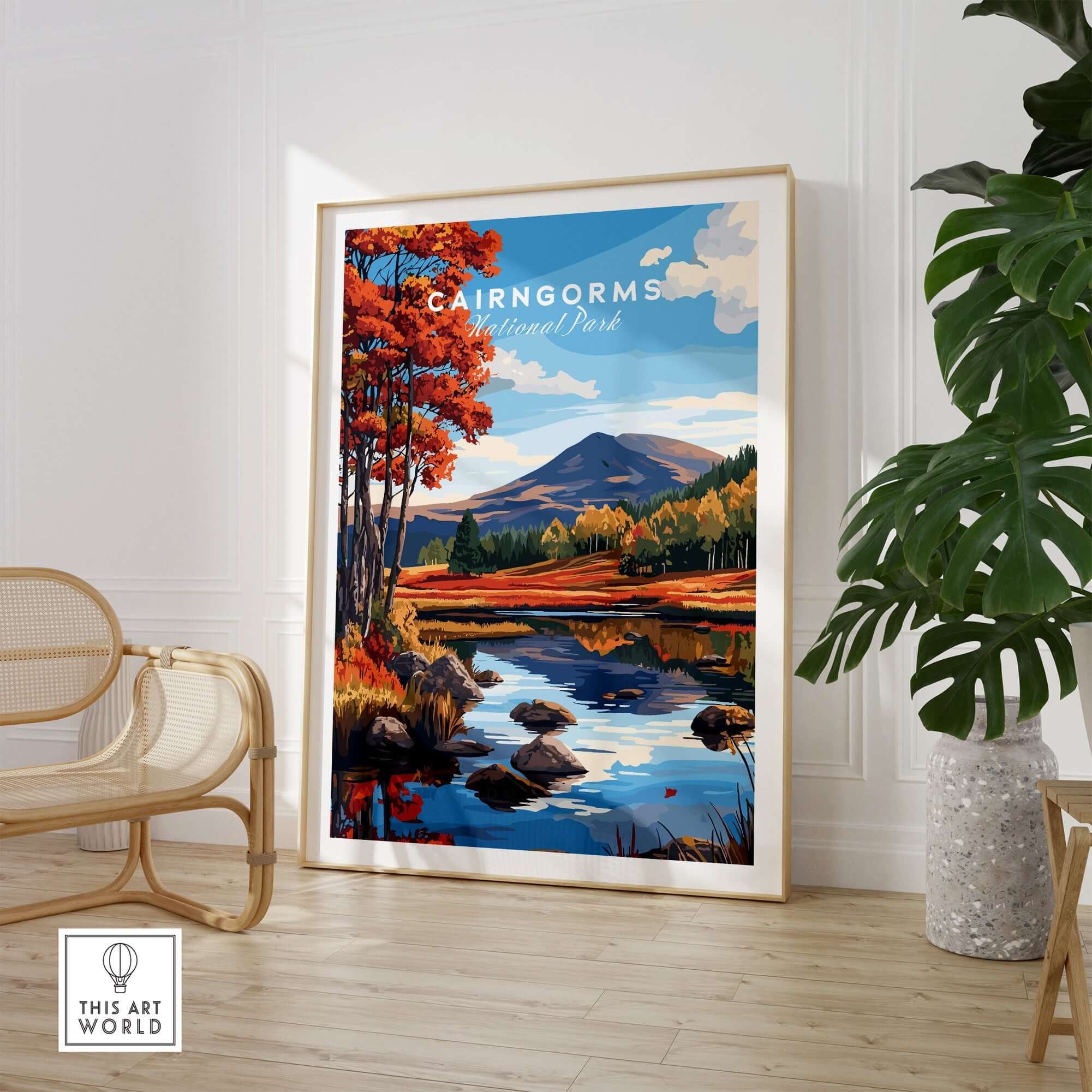 Cairngorms National Park Wall Art featuring vibrant landscapes and wildlife in a modern living space.