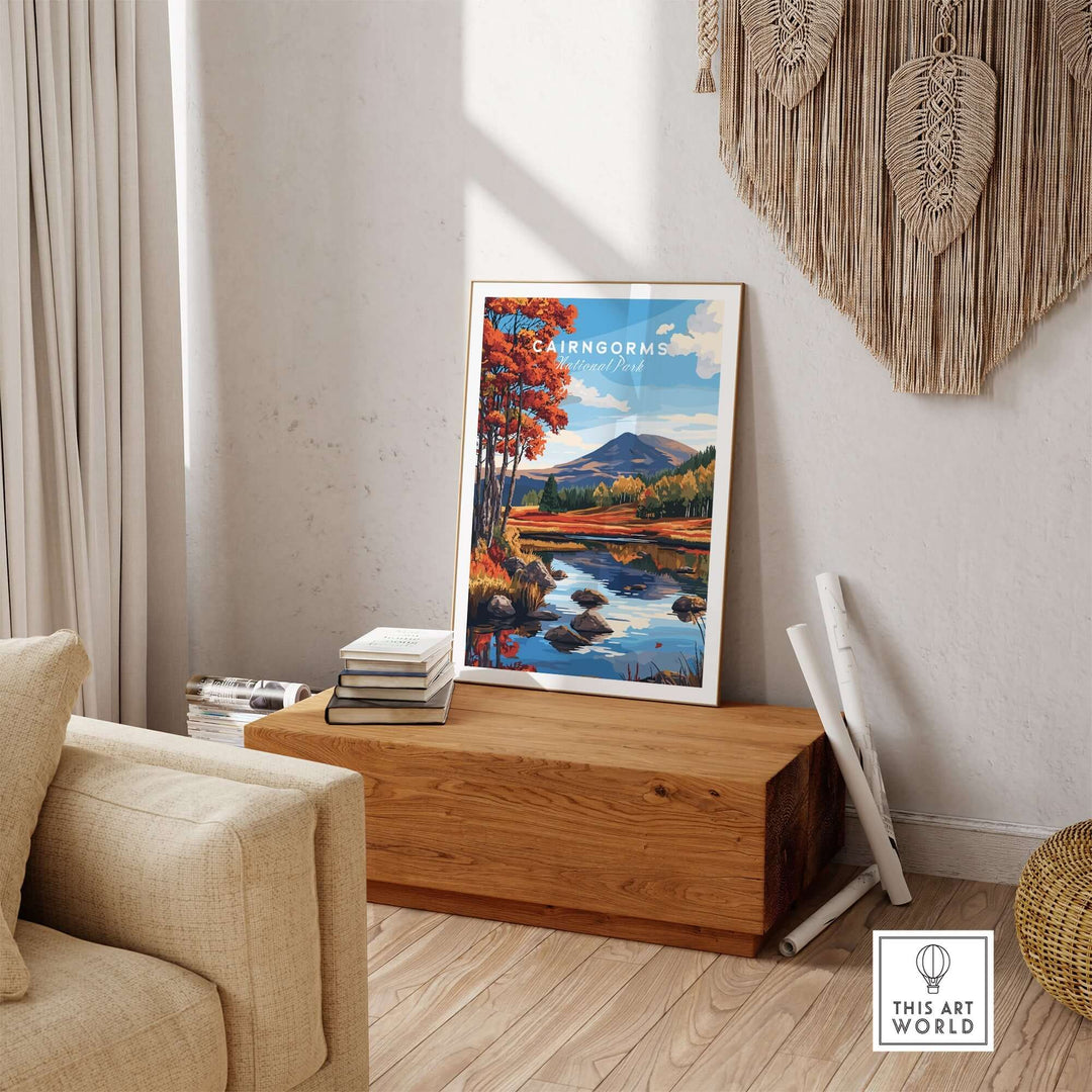 Beautiful Cairngorms National Park wall art displayed in a cozy living room setting with natural light.