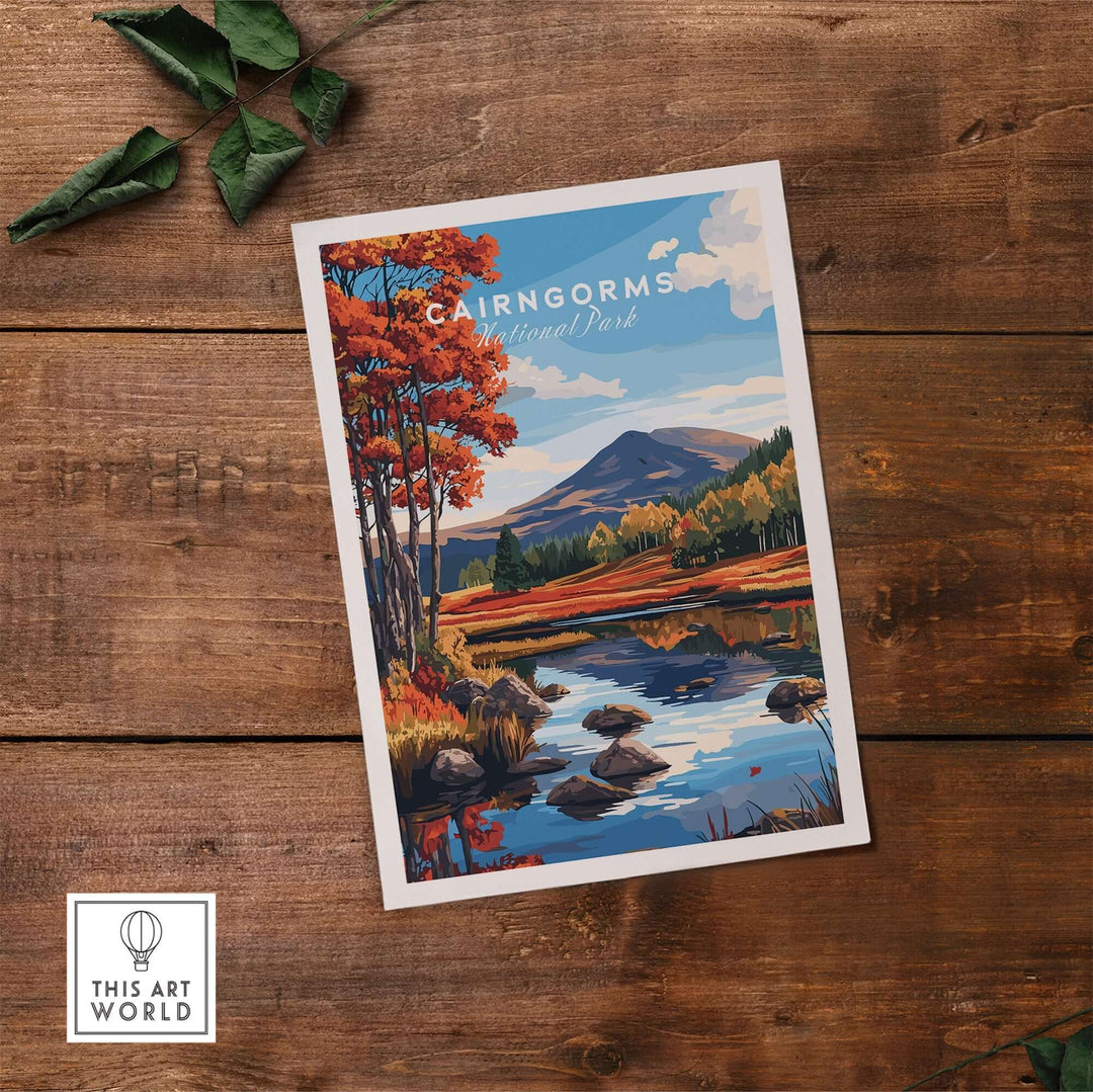 Cairngorms National Park wall art featuring vibrant autumn landscapes and a serene river scene. Perfect for nature lovers.