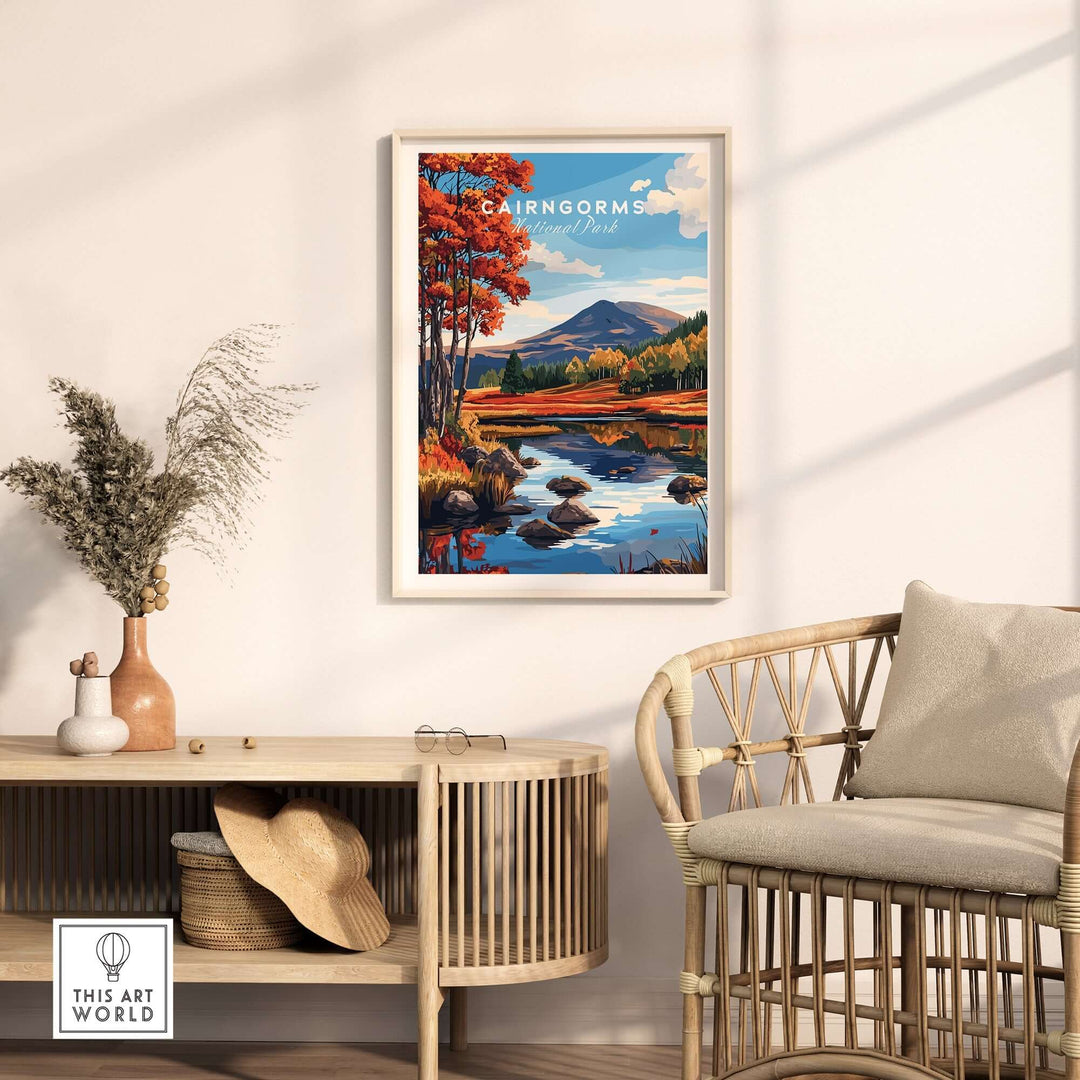 Cairngorms National Park wall art featuring colorful nature scene in a stylish interior setting with rustic decor.