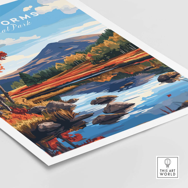 Cairngorms National Park wall art featuring vibrant landscapes, mountains, and a serene reflection in water.