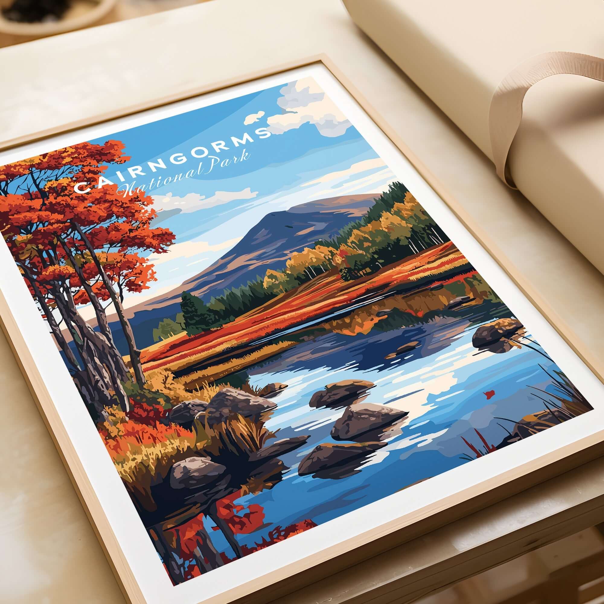 Cairngorms National Park Wall Art featuring vibrant landscapes and serene reflections in a frame on a table.