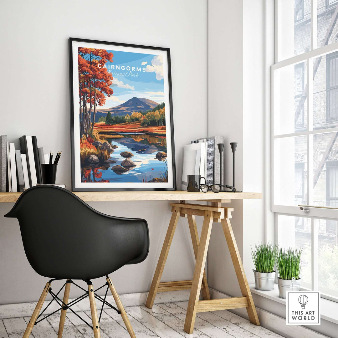 Cairngorms National Park wall art displayed in a stylish home office setting with modern decor.