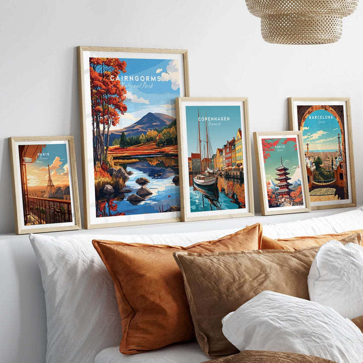 Cairngorms National Park wall art displayed on a stylish shelf above a cozy bed with decorative pillows.