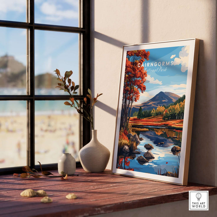 Cairngorms National Park wall art displayed in a cozy interior with flowers and a scenic view.