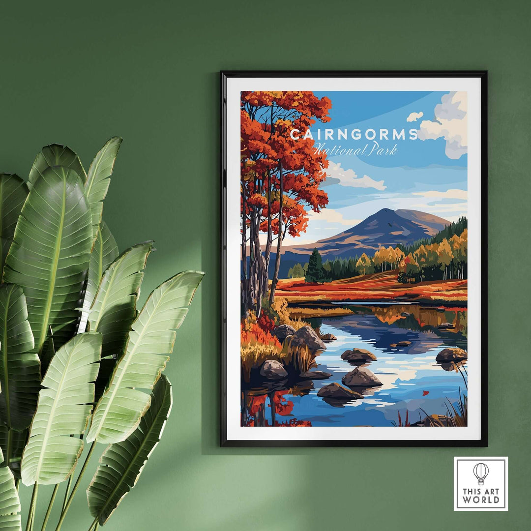 Cairngorms National Park wall art featuring vibrant autumn scenery and tranquil water reflections.