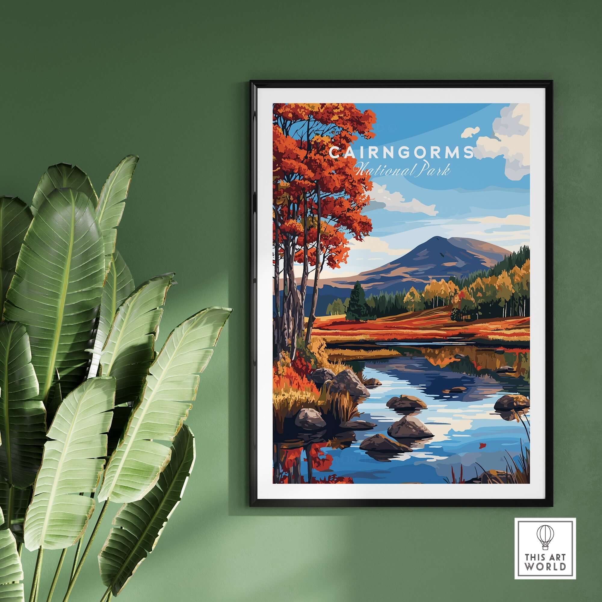 Cairngorms National Park Wall Art featuring vibrant autumn landscapes and serene waters.