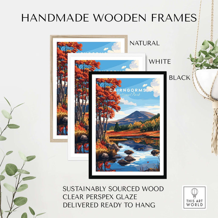 Handmade wooden frames for Cairngorms National Park wall art in natural, white, and black finishes, ready to hang.