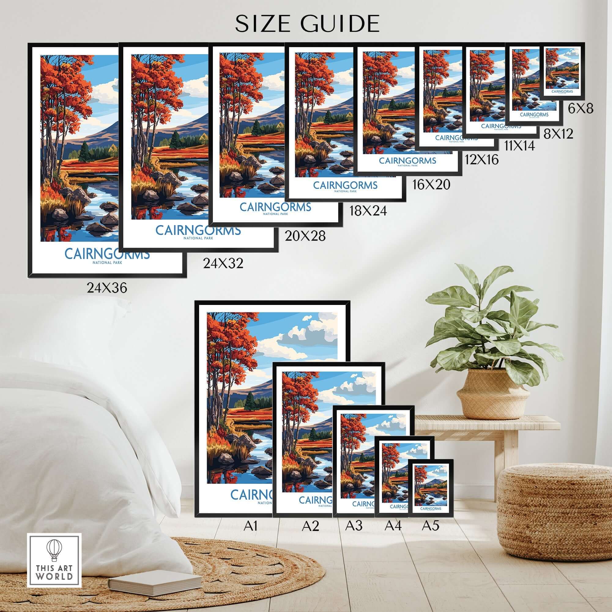 Cairngorms National Park Wall Art Print size guide showing various print dimensions for home decor.