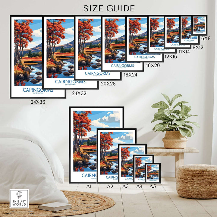 Cairngorms National Park wall art print size guide showcasing various frame sizes on a stylish room backdrop.