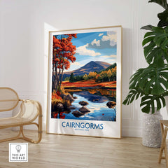 Cairngorms National Park Wall Art Print displayed in a modern living space with vibrant colors and natural scenery.