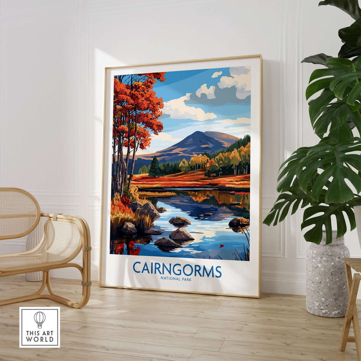 Cairngorms National Park wall art print featuring vibrant autumn colors and serene landscape with mountains and water.