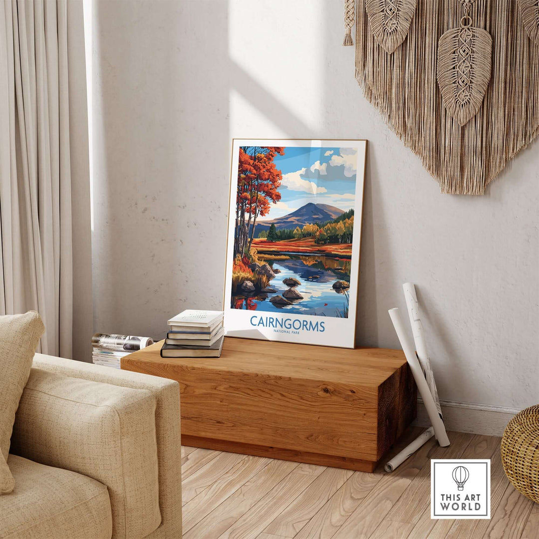 Cairngorms National Park wall art print displayed in a cozy interior setting with natural light and rustic decor.