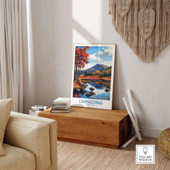 Cairngorms National Park Wall Art Print showcasing vibrant landscape and nature decor in a stylish living room setting.