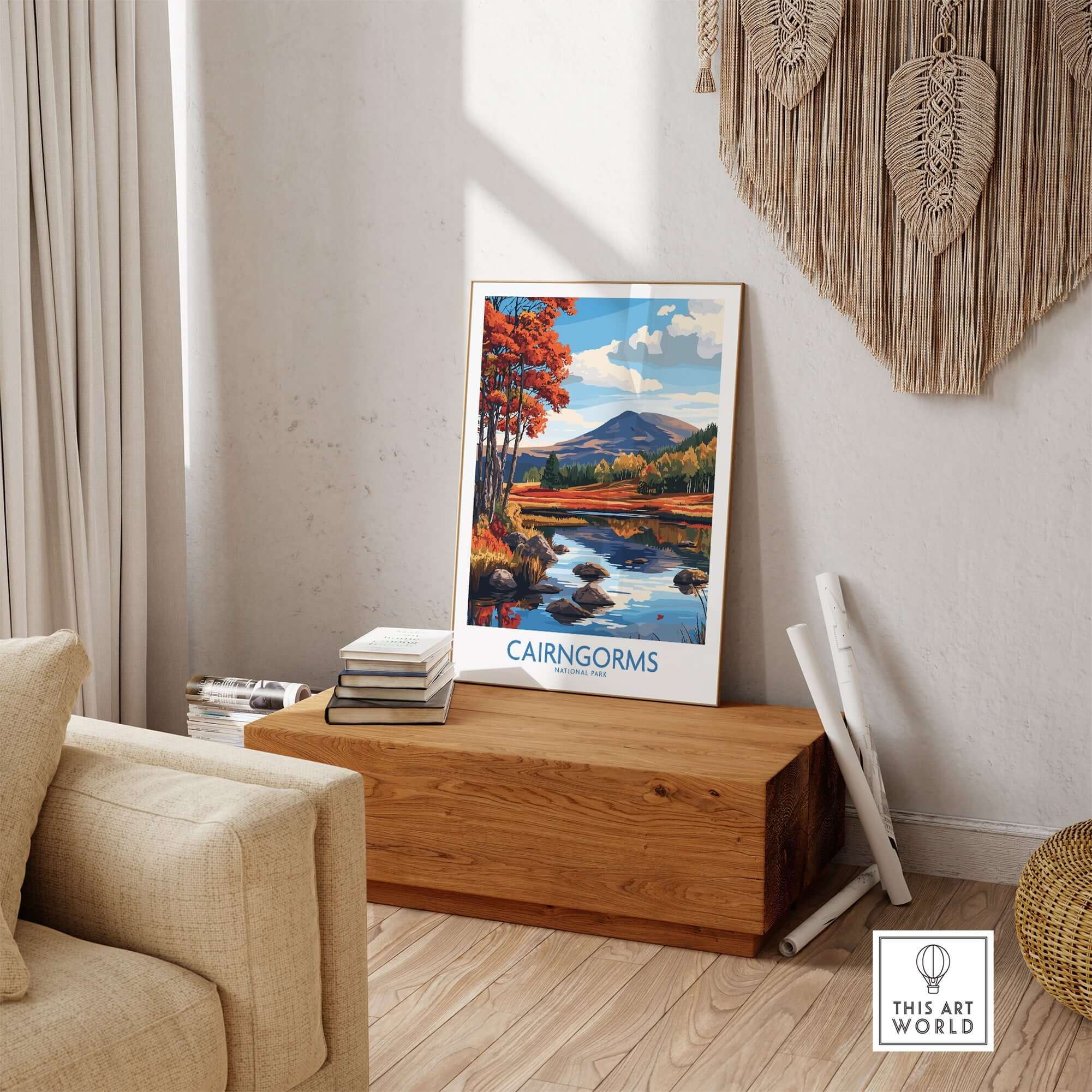 Cairngorms National Park Wall Art Print showcasing vibrant landscape and nature decor in a stylish living room setting.