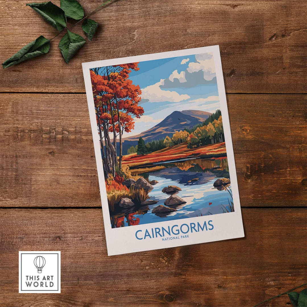 Cairngorms National Park wall art print featuring vibrant autumn colors and serene landscape scene on rustic wooden background.