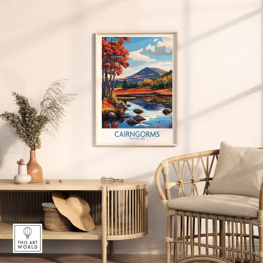 Cairngorms National Park wall art print displayed in a cozy living room setting with natural decor.