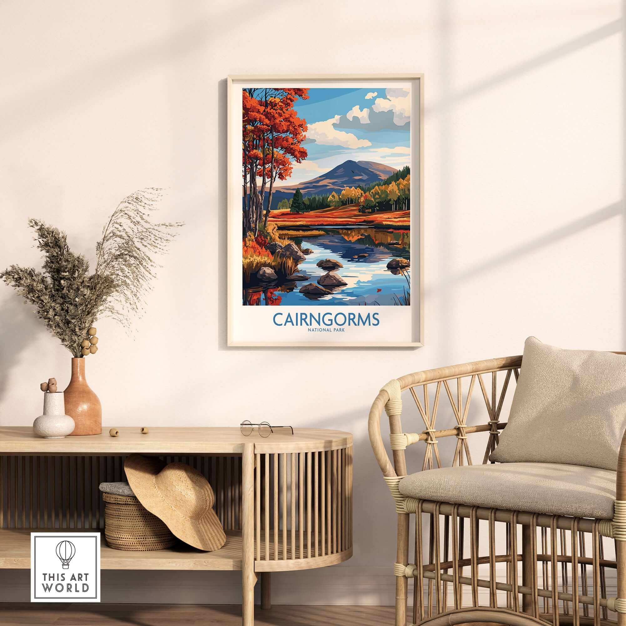 Cairngorms National Park Wall Art Print displayed in a stylish living room setting with vibrant landscape colors.