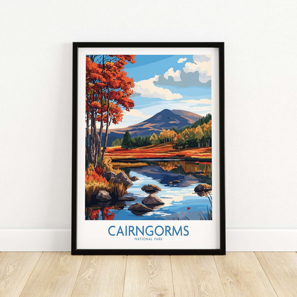 Cairngorms National Park wall art print featuring vibrant landscapes and autumn colors in a framed design.