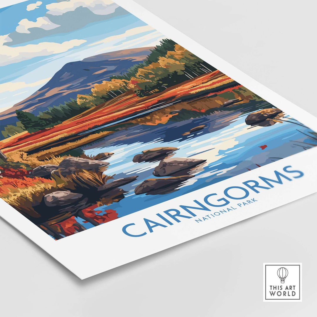 Cairngorms National Park wall art print featuring vibrant landscape and reflective water, perfect for nature lovers.