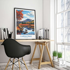 Cairngorms National Park Wall Art Print displayed in a home office setting with a modern chair and wooden desk.